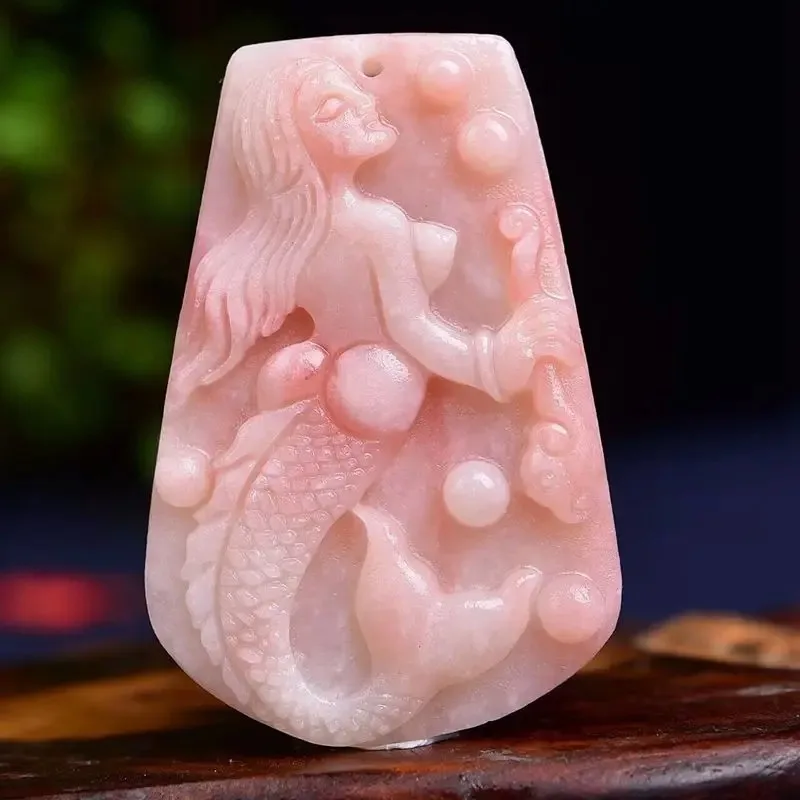 

Natural Pale Pink Agate Hand -carved Mermaid Jade Pendant Fashion Boutique Jewelry Men's and Women's Beauty Necklace Gifts