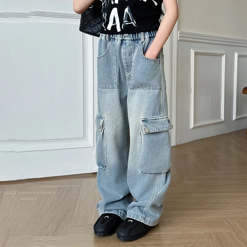 

Stylish Kids New Designer Fashion Street Cargo Jeans for Girl Casual Denim Pants Tweens Child Straight Fit Pocket Jeans Trousers