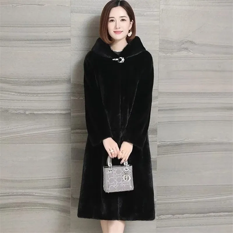 2024 New Fashion Female Mink Faux fur Coat Black Loose Thicken Mother\'s Hooded Jacket Women\'s Winter Warm Long Parkas Overcoat