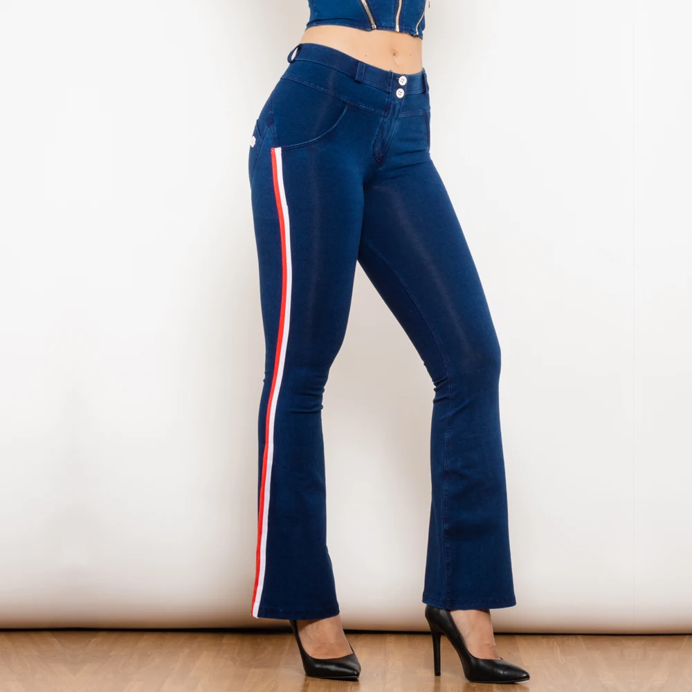 Shascullfites Mid Waist Blue Flare Lift Jeggings with Stripe Denim Pants Womens Butt Lift Skinny Fit Slim Bell Bottom Pants