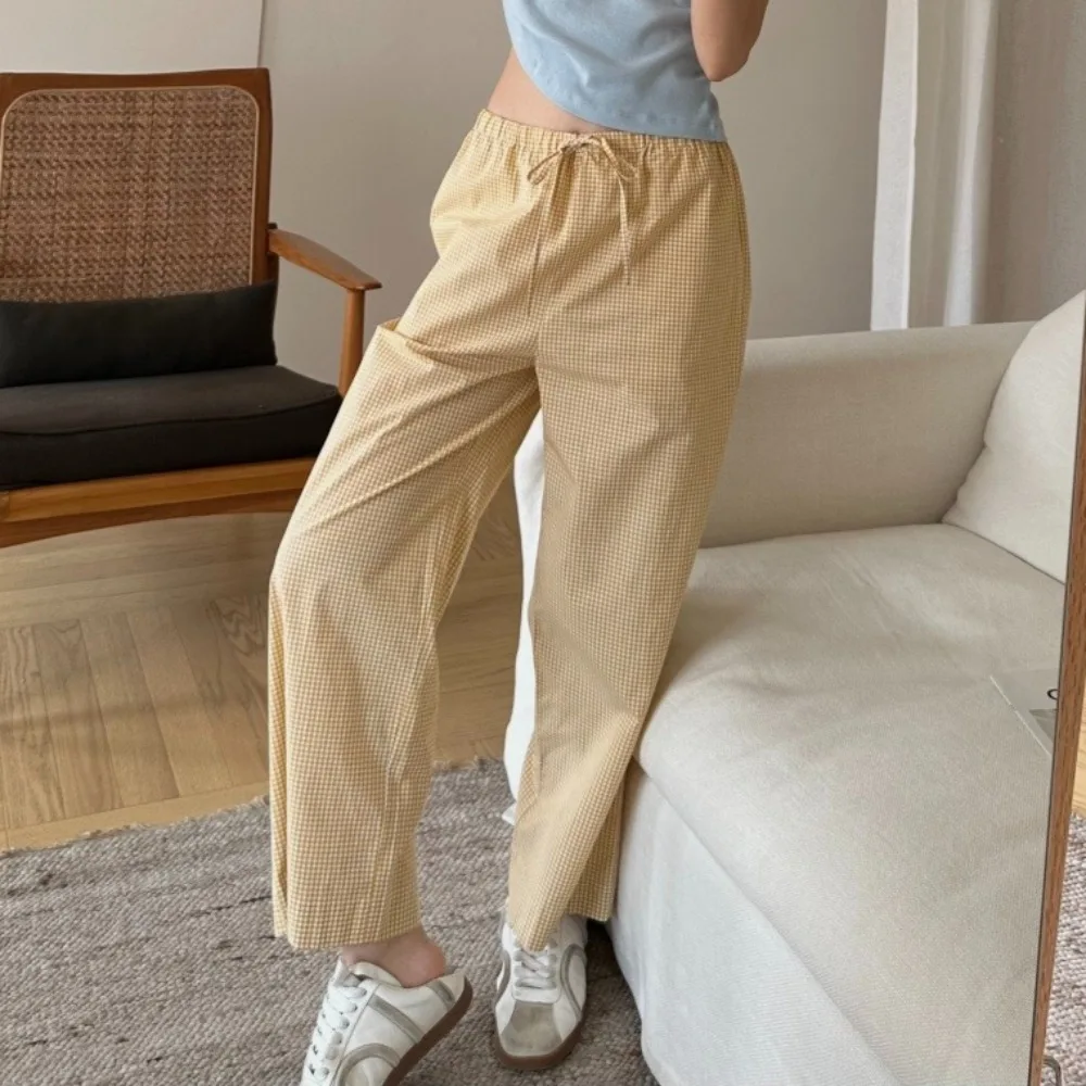 Lightweight Long-staple Cotton Drawstring Plaid Pants