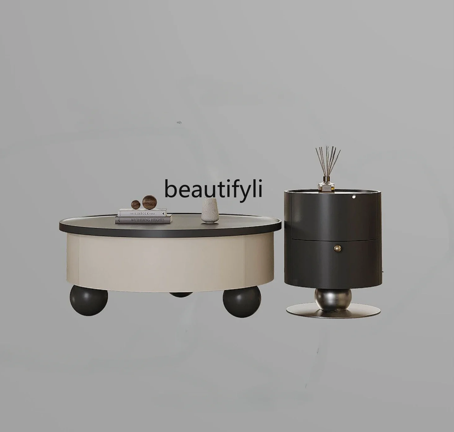 

A13 Modern Minimalist round Tea Table Combination Living Room Home Solid Wood Leather Table Light Luxury Cream Style Tea Table