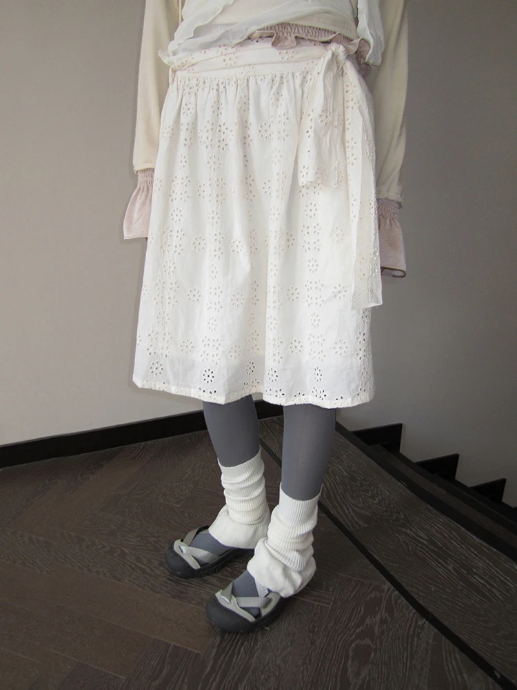 

Белая женская летняя юбка миди А-силуэта с высокой талией, драпированная, из хлопка с кружевом, для офиса, простой дизайн