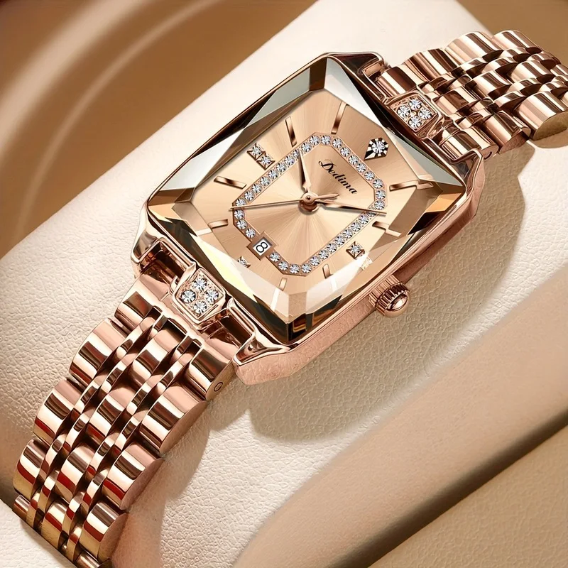 2026 New Elegant Women's Square Watch Diamond Studded Waterproof Calendar Rose Colored Steel Band Female Watch Solid Steel Band