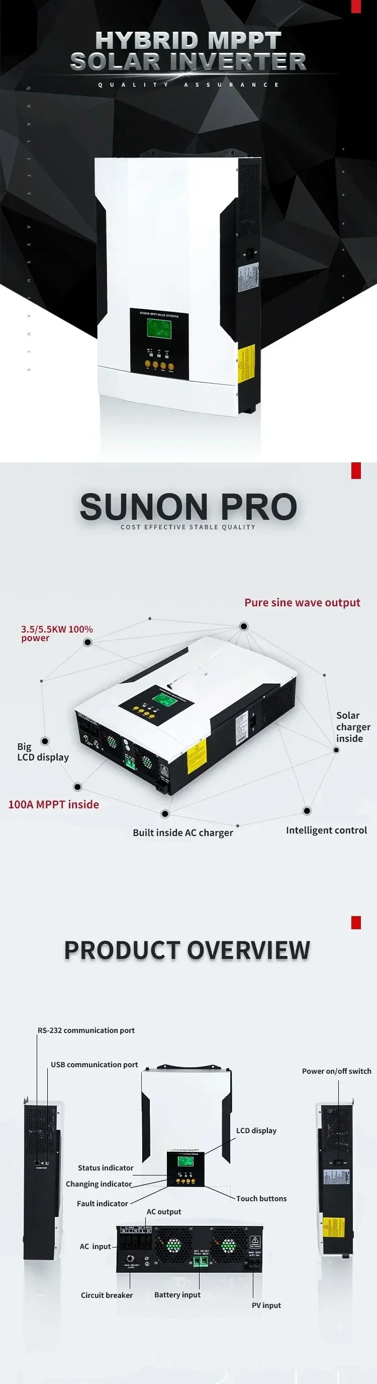 Hot SalesSako Sunon Pro 5.5kw 100A Mppt Power Charger Controller Pure Sine Wave Inverter Off Grid