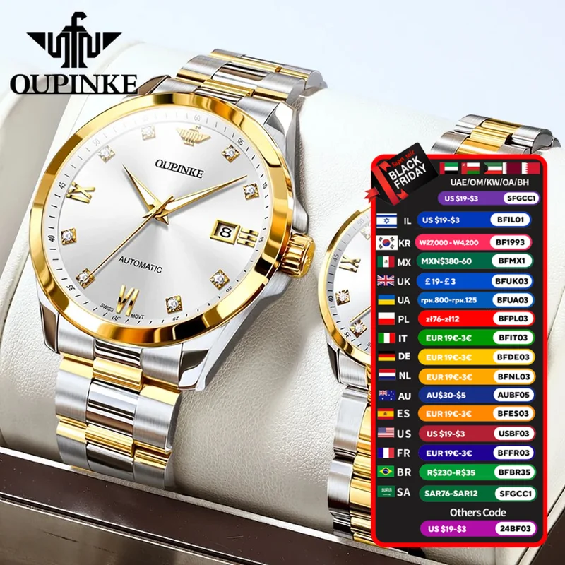 OUPINKE Luxury Diamond Couple Watch Classic Automatic Mechanical Wrist Watch Gifts For Women Wterproof Date Display 3199