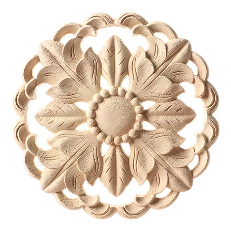 Carving Natural Wood Applique Wooden Figurines Crafts Corner Unpainted Round Frame Wall Door Furniture Woodcarving Decorative