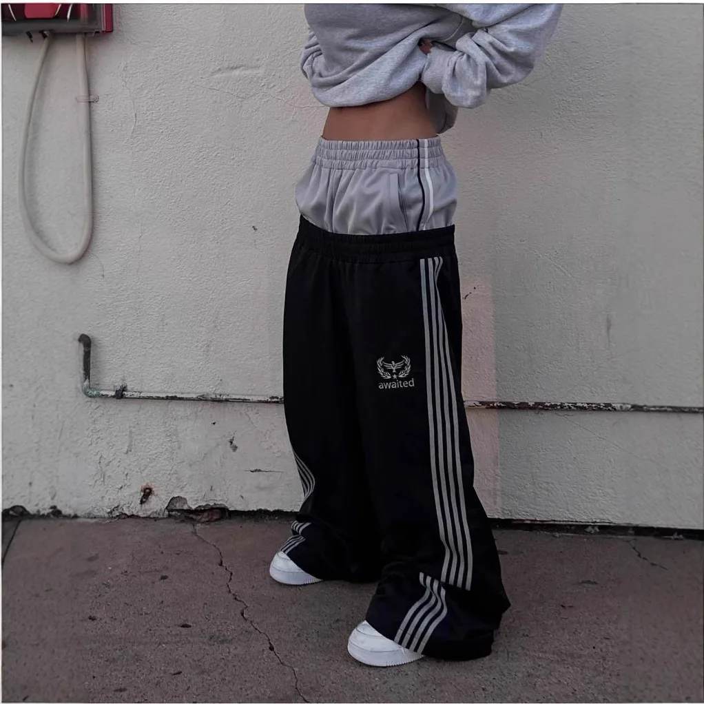 

Double waisted striped casual pants American retro men's and women's trendy brand fake two piece loose pants