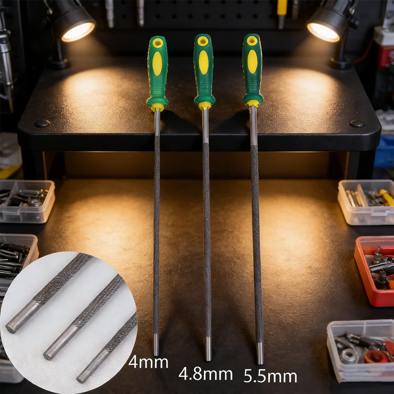 

Набор напильников для цепей циркулярных пил ​ Набор для заточки цепей бензопил из высокоуглеродистой стали 4,0 мм, 4,8 мм, 5,5 мм, профессиональный аксессуар для деревообрабатывающего инструмента