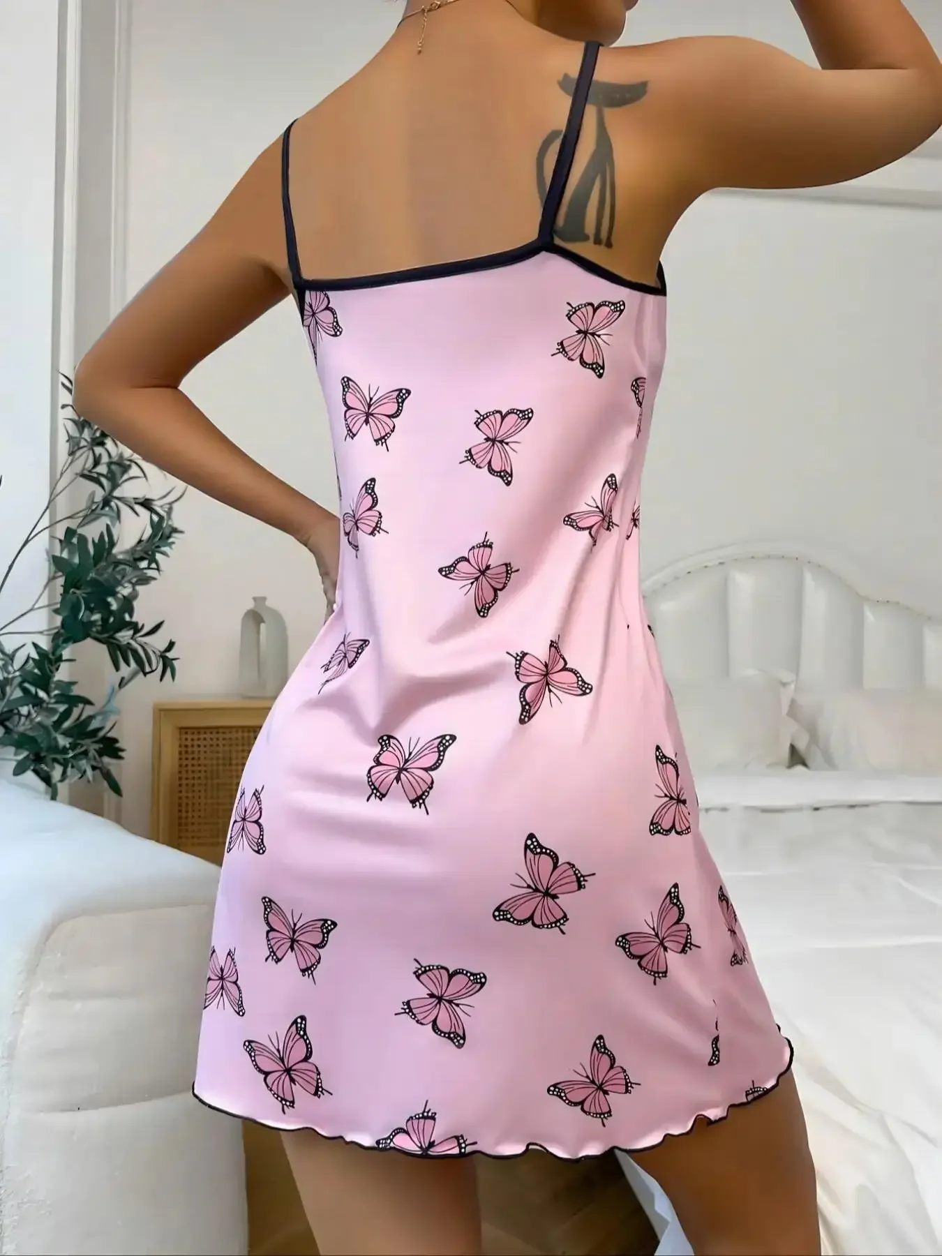 Butterfly Printed Slip Nightdress Women Sexy Lingerie Sleepwear Round Neck Sleep Dress Split Thigh Nighties Nightgown Loungwear