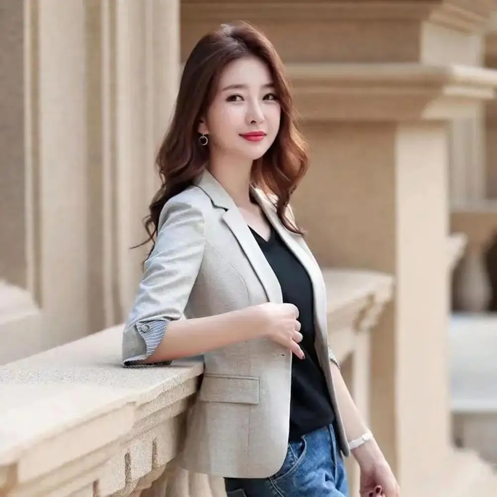 Women Blazer Three Quarter Sleeves Lapel Notch Collar Lady Formal Thermal Cardigan Plus Size Business Lady Coat Party