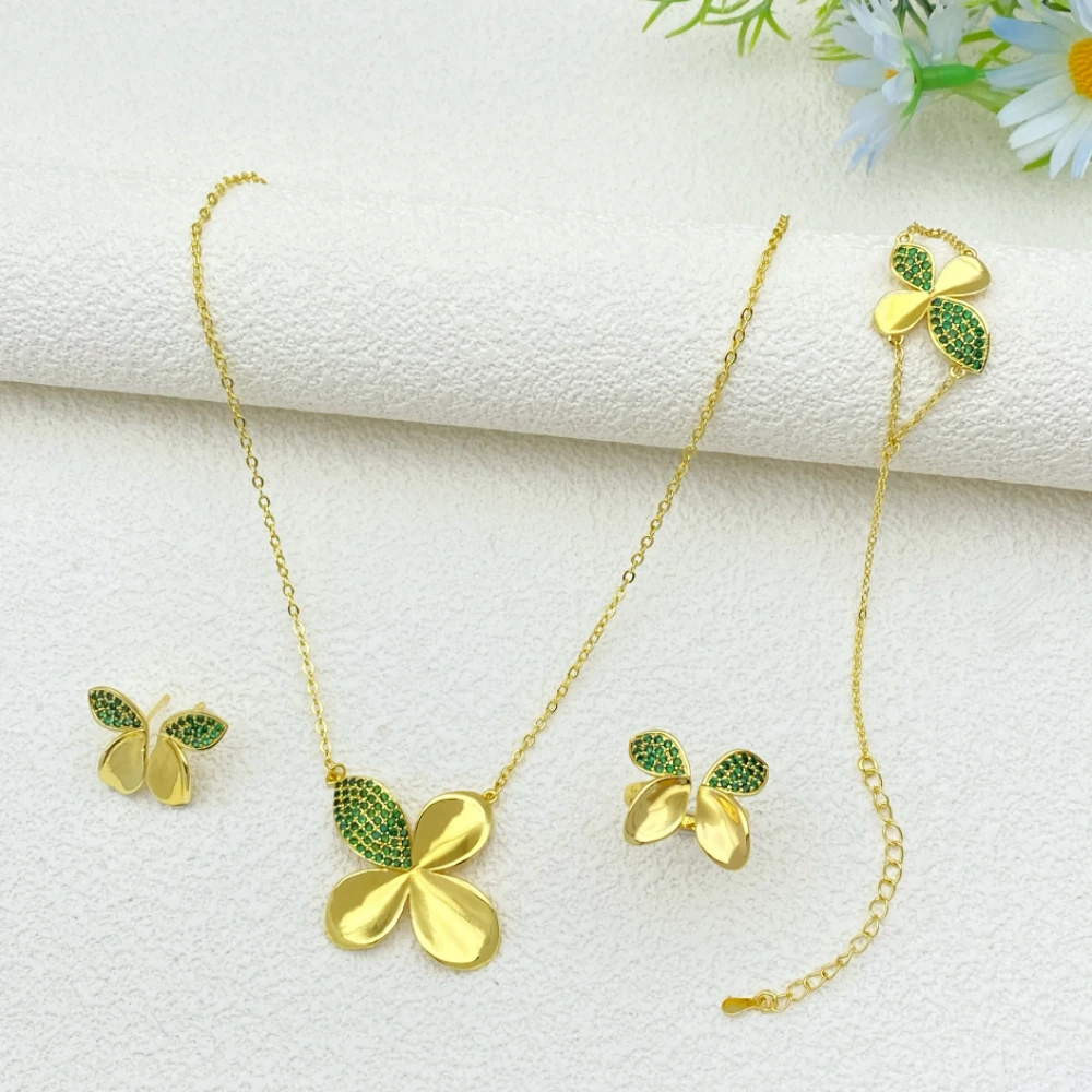 

Falair Travel женский комплект ювелирных изделий с четырьмя листами клевера и циркона, позолоченный медный браслет, кольцо, ожерелье, серьги, минималистичный дизайн