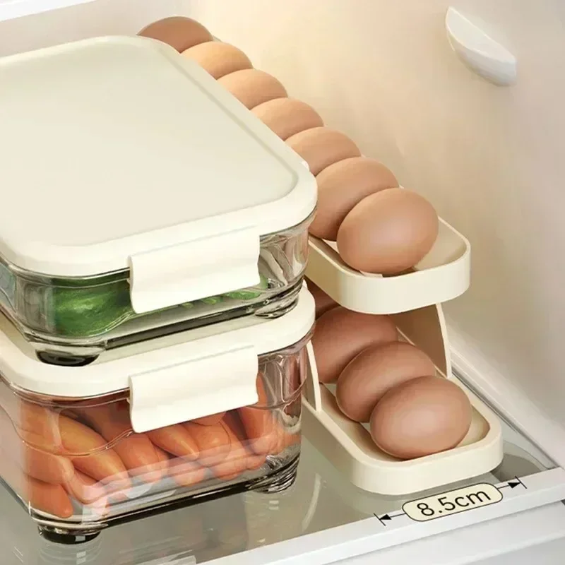 2/4 Tiers Automatic Rolling Slide Egg Rack Refrigerator Eggs Storage Box Rolldown Egg Basket Container Organizer Kitchen Storage