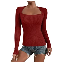 Fashion Knitted Solid Blouse Square Collar Long Sleeves Slim Fit Women France Chic Autumn Office Lady Sweater Pullover