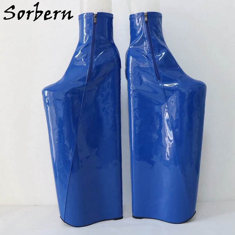 Sorbern Blue Fetish Drag Queen Boot Women 60cm Patent Hidden Platform Punitive Shoes Zip Up Thick For Crossdreser Custom