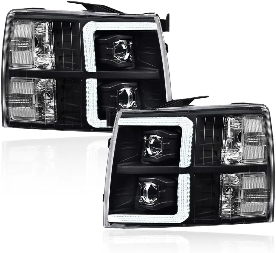 

LED Tube Dual Projector Headlight w/Bulbs Compatible with Chevy Silverado 1500 2007-2013/Silverado 2500 3500 & HD 2007-2014, NOT