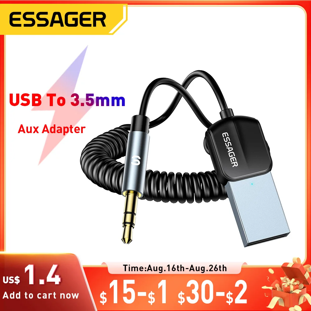 Essager USB Bluetooth 5.0 Receiver Aux Bluetooth Adapter For Car 3.5mm Jack Speaker Auto Handfree Car Audio Music Transmitter