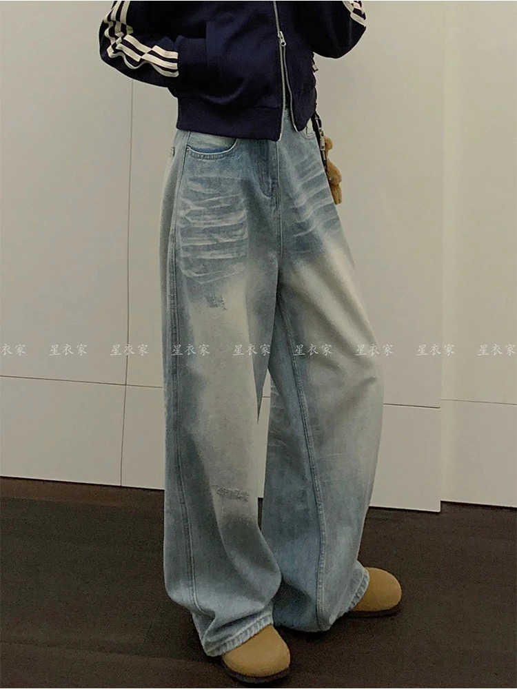 Women Light Blue Y2k Ripped Jeans Harajuku Baggy Denim Trousers Vintage Japanese 2000s Style Oversize Jean Pants Trashy Clothes