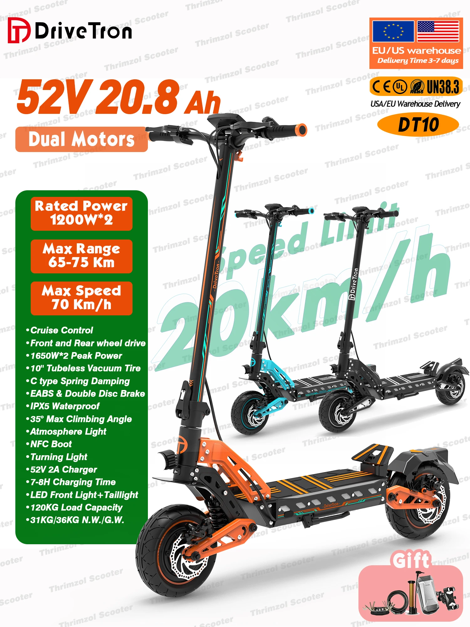 Blue 48V15.6ah Dropshipping Dt10 Patinete Eléctrico 50-70Kmh 44Mph Off Road Dual Motor 1200W 2400W Double Suspension Compete Electric Scooter