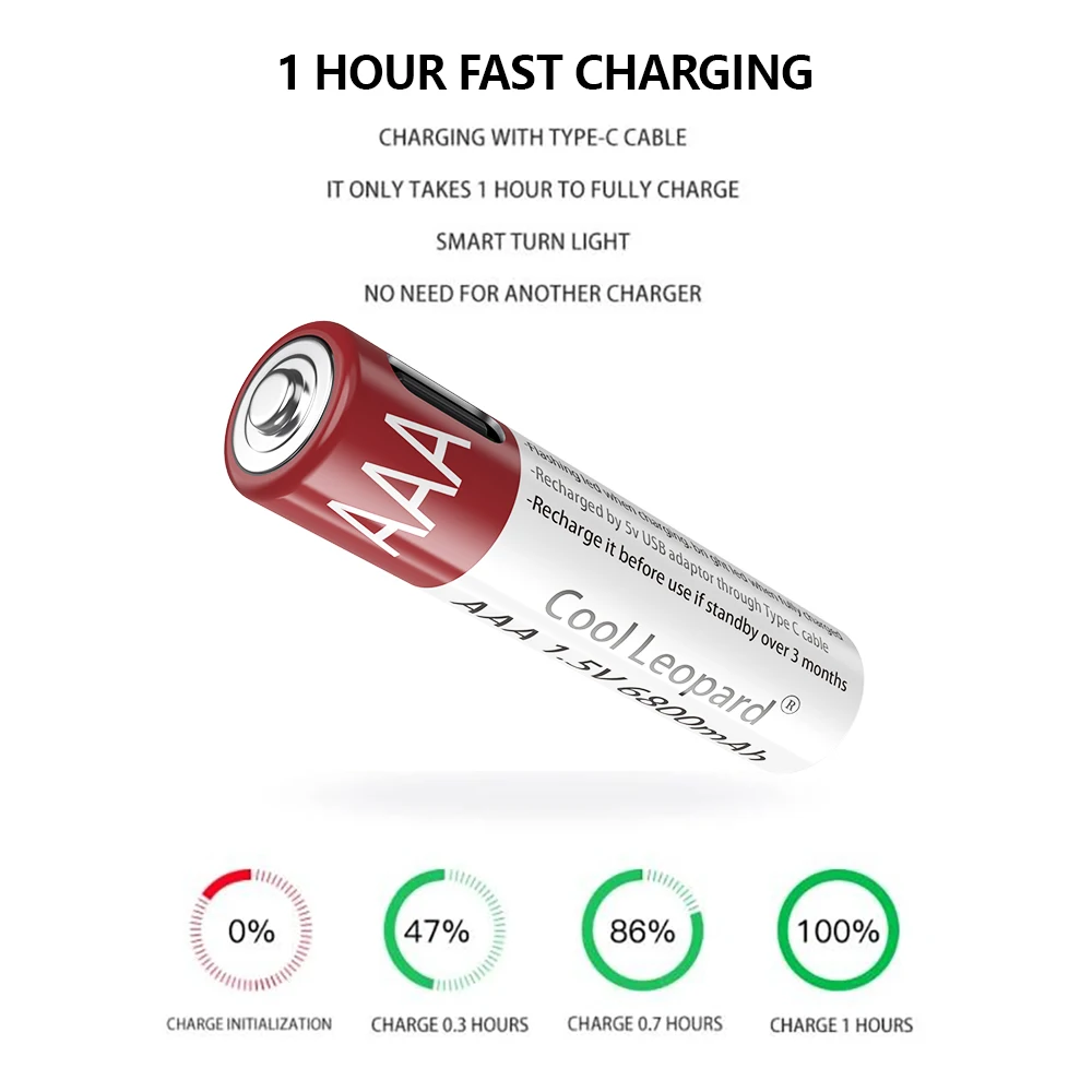 Charger free large capacity 1.5V AAA 6800mah USB rechargeable lithium ion battery for remote control wireless mouse + cable