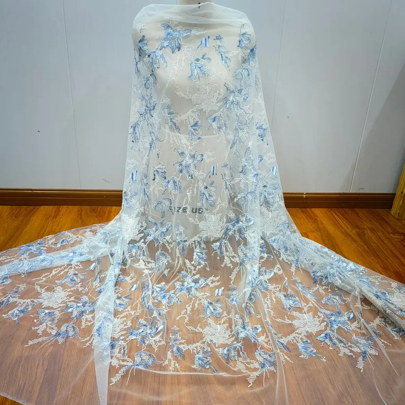 New Design Beaded Applique Soft Lace Netting Fabric Wedding Dress Trims DIY