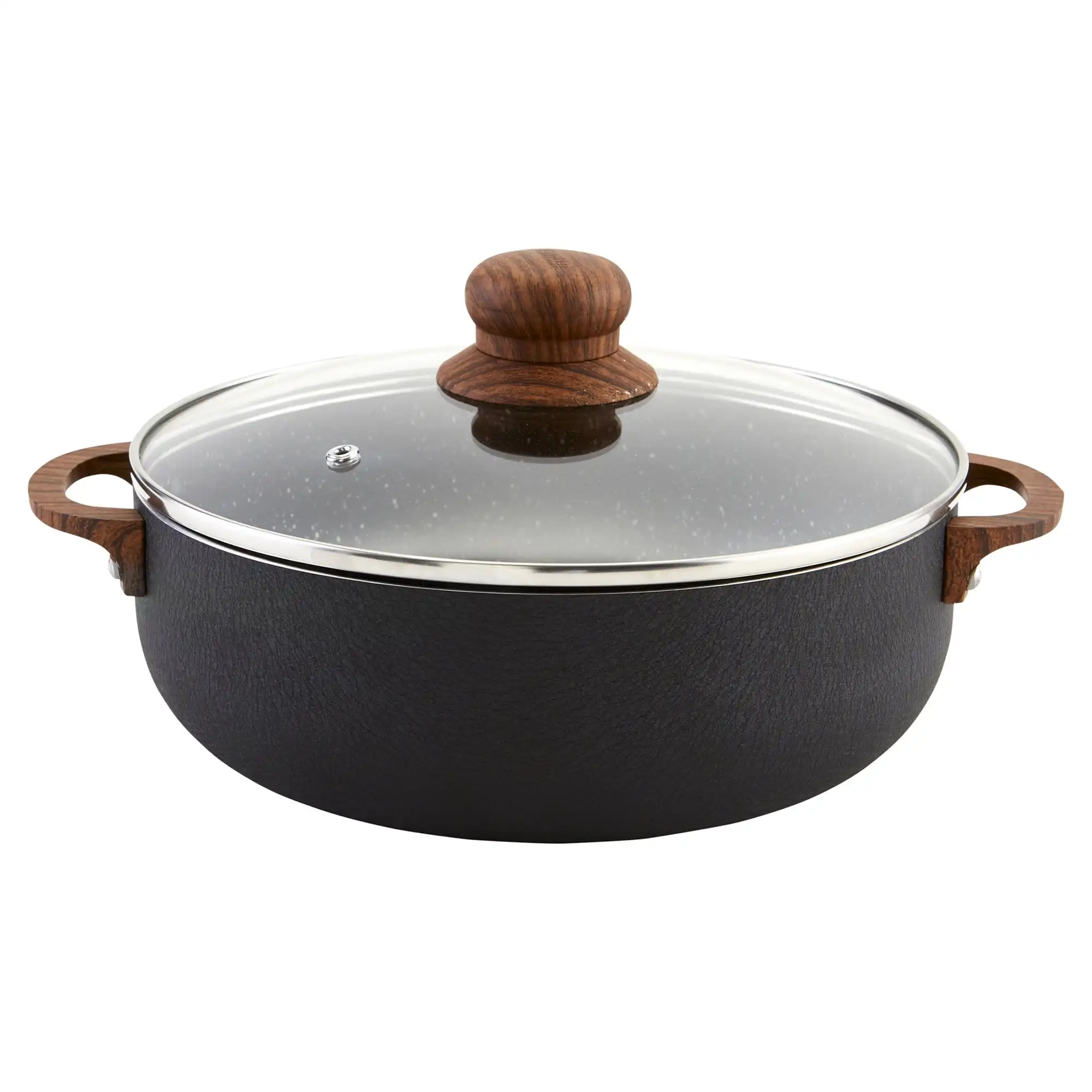 

13.5qt Black Stone Aluminum Speckled Nonstick Caldero with Glass Lid & Wood Look Handles, Black