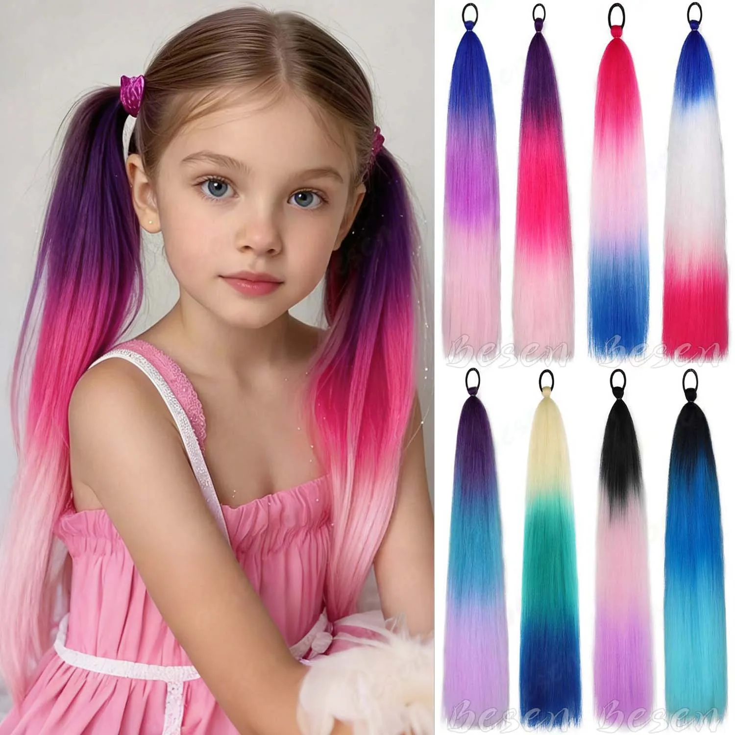Synthetic 2Pcs Long Straight Ponytail Extension with Elastic Hair Tie Braiding Hair for Kids Girls Crazy Hair Day Brave Hair