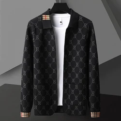 High-end Luxury Spring and Autumn Men's Lapel Trendy Printing Design 2024 New Business Casual New Knitting Cardigan Sweater