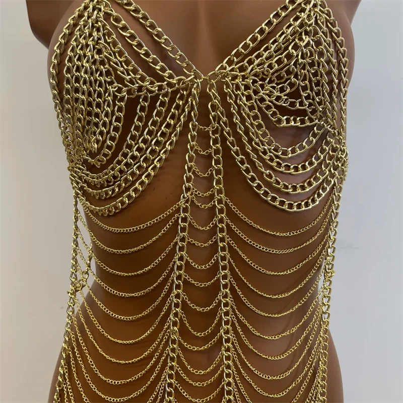 Damenkleid Gold Ganzkörper-Kettenkleid Sexy Neckholder-BH Körperketten-Set Nachtclub Party Bikini Cover-Up Schmuck Damenbekleidung – Detail 10