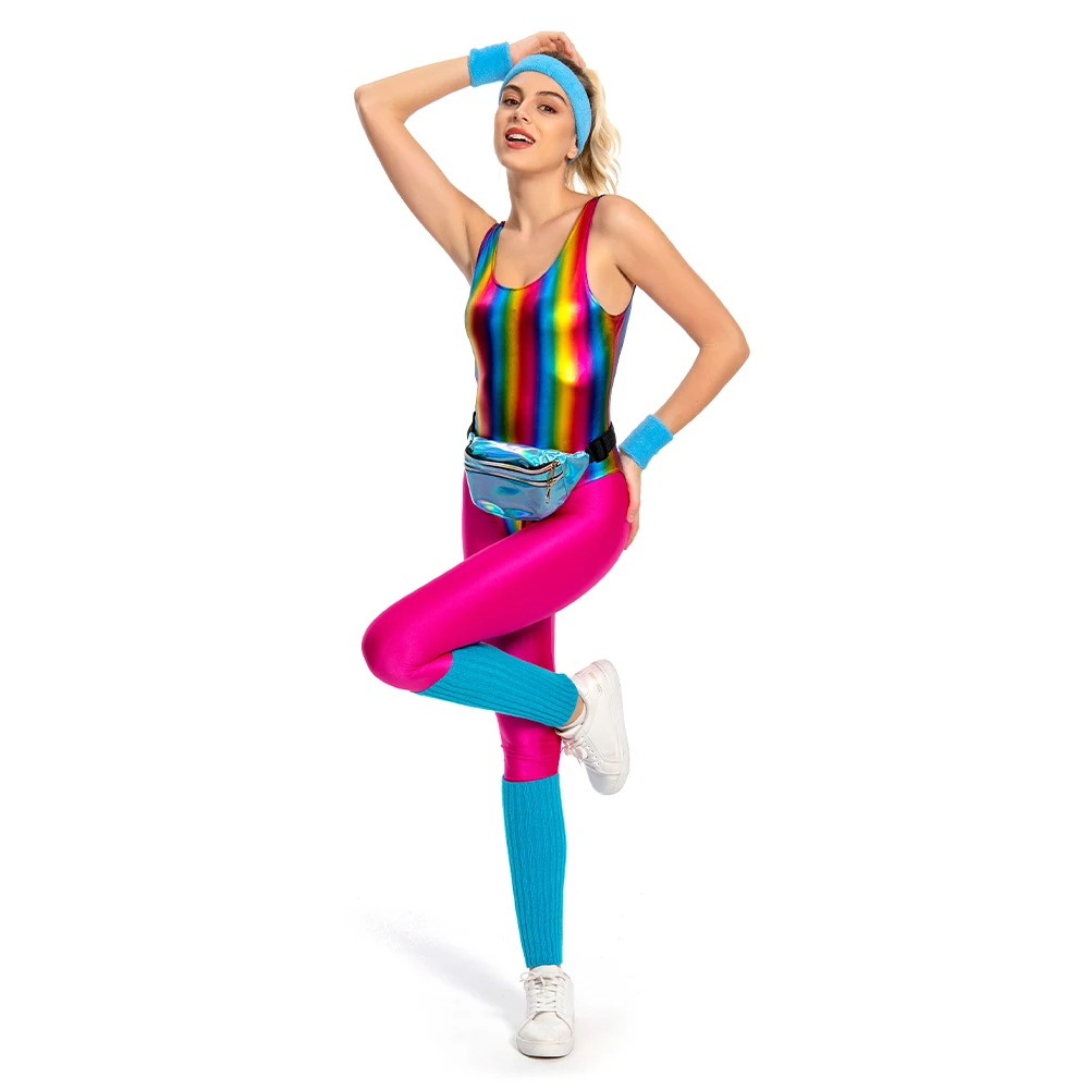 6Pcs/Set Women's Retro 80s/90s Legging Cosplay Costume Female Colorful Glossy Sportwear Headband Set Halloween Carnival Suit