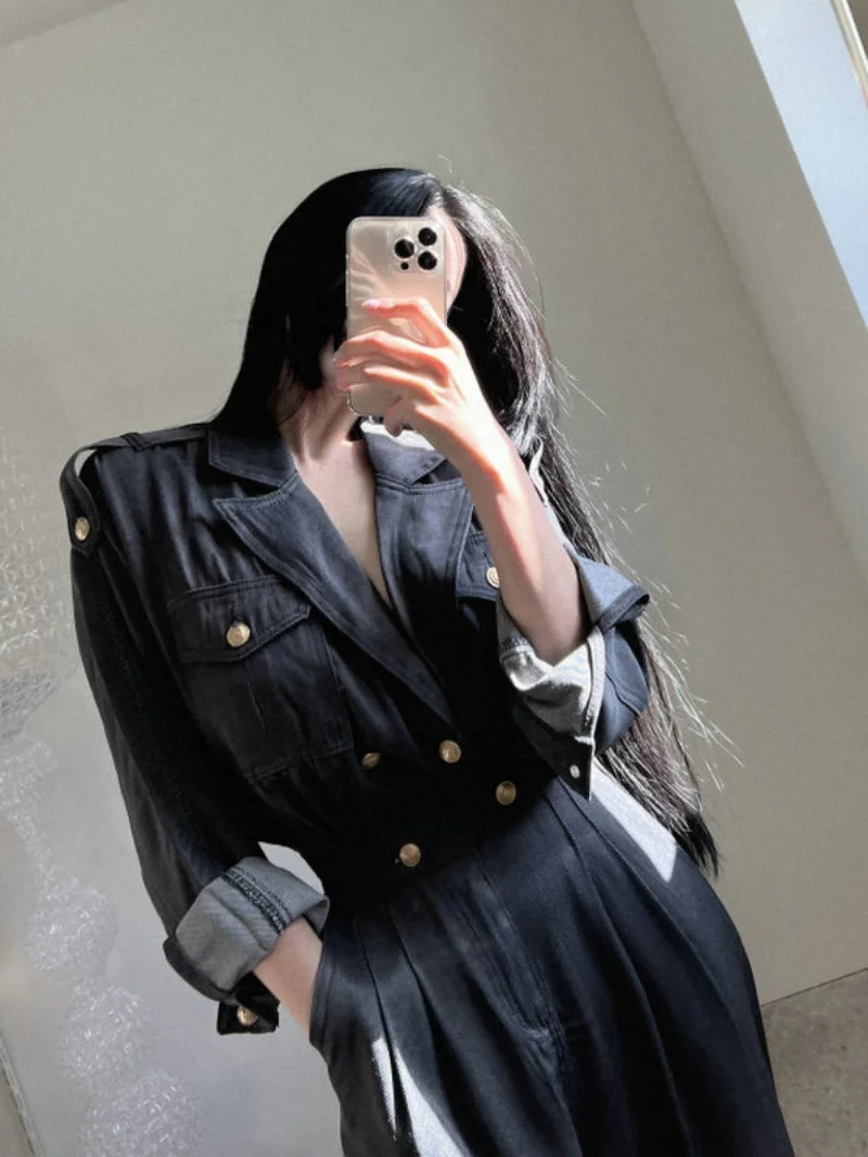 

Двубортные брюки с отложным воротником, свободной талией, прямым кроем, длинные, из смесового хлопка, с высокой талией, для офиса/повседневной носки