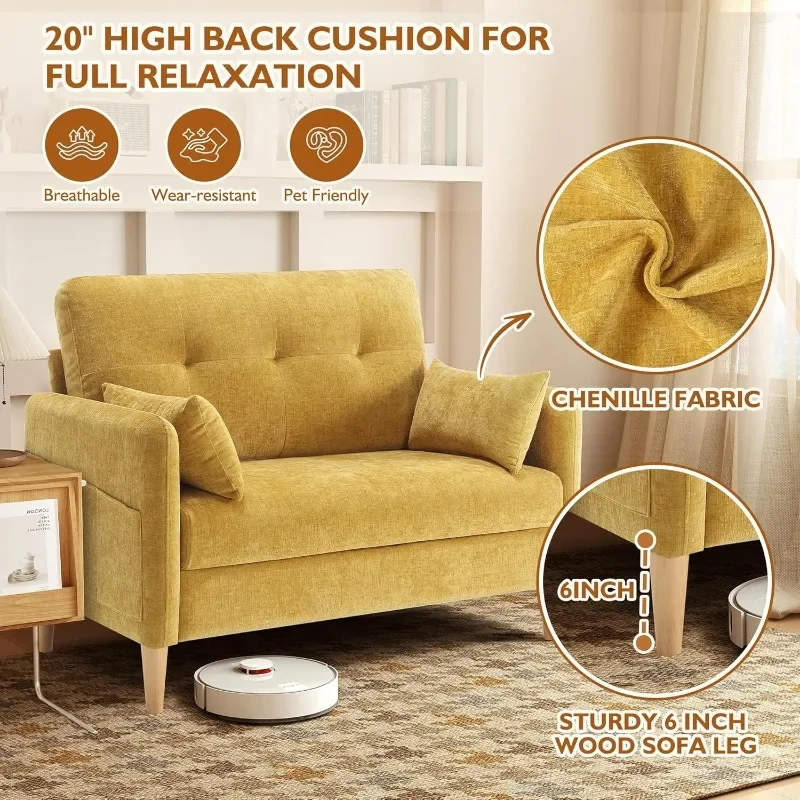 2025 47" Small Sofa Couch for Bedroom, Soft Chenille loveseat Mini Couch with Throw Pillow and Removable Cushion Cover for Small