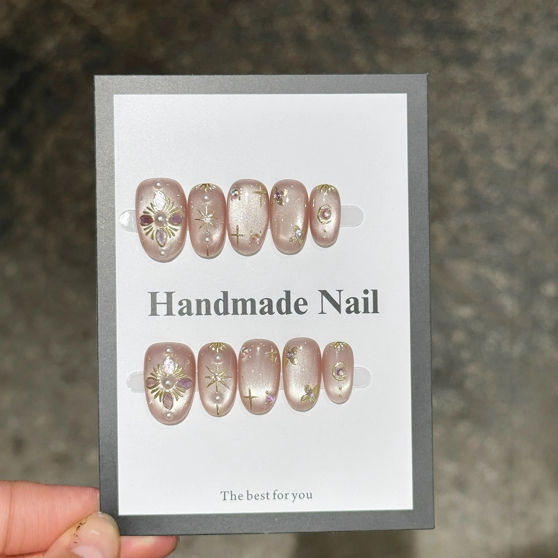 10 Uds. De uñas postizas brillantes con forma de ojo de gato, suaves explosiones, estrellas, Luna, hechas a mano, color rosa desnudo, uñas postizas cuadradas cortas para niña