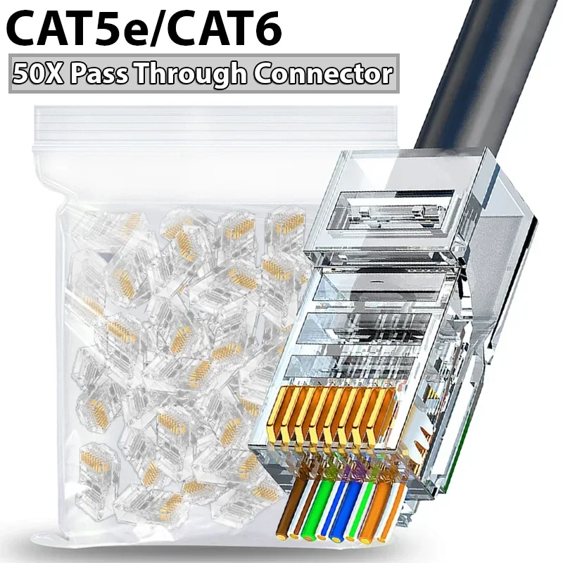 CAT6 Pass Through Connectors Gold Plated 8P8C Pass Through Ends UTP Network Plug 1000Mbps RJ45 Unshielded Modular Plugs Adapter