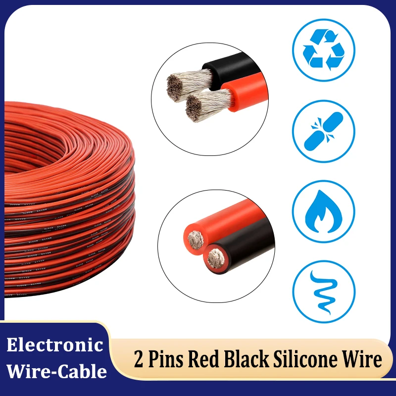 

2 Pins Red Black Silicone Cable 30 28 26 24 22 20 18 16 14 12 10 08AWG High Temperature Resistant Super Soft Tinned Copper Wire