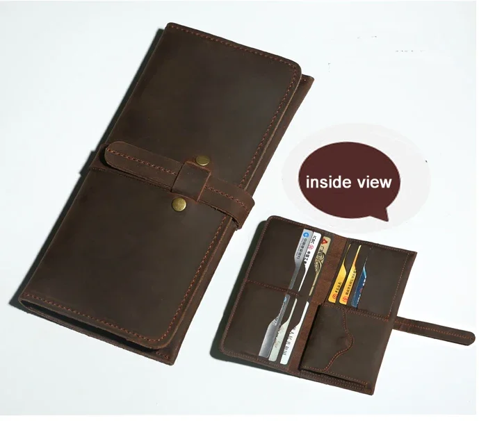 Vintage Crazy horse Genuine Leather Wallet Long style men clutch Bag leather men wallet male purse money bag coin bag Brown