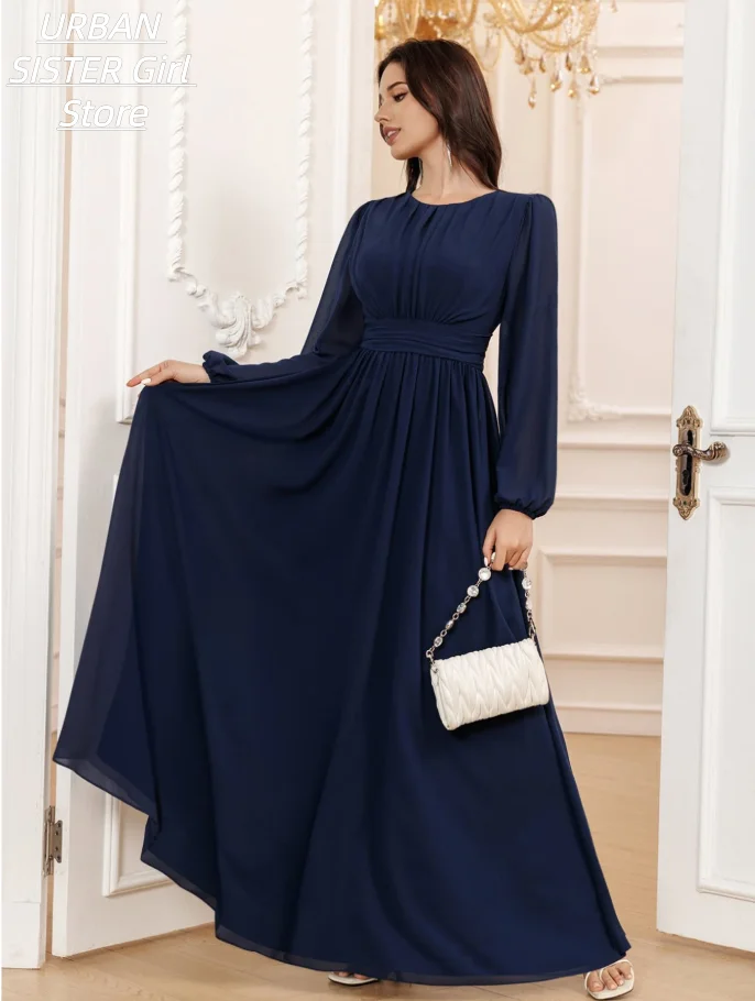 Navy Blue Round-Neck Chiffon Long Dress with Pleated Front, Lantern Sleeves, High-Waist, and Flowing Design, Suitable for Muslim Women, Eid Celebrations, Wedding Guests, and Conservative Evening Wear view 4