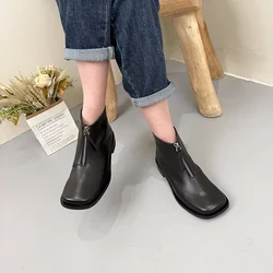 Birkuir Retro Square Toe Thick Heel Women Short Boots Font Zip Ankle Boots Genuine Leather Luxury Shoes Low Heel Boots Ladies