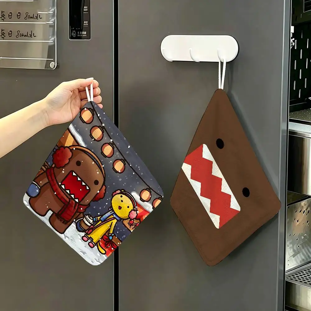 Cute Domo Kun Polyester Cotton Hanging Kitchen Towel, Absorbent Hand Wiping Cloth for Daily Cleaning Drying