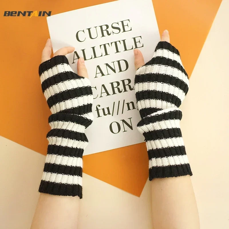 Long Fingerless Gloves Women‘s Mitten Winter Warmer Knitted Strips Arm Sleeve 30cm Mid-Length Half Finger Gloves Girl Arm Warmer