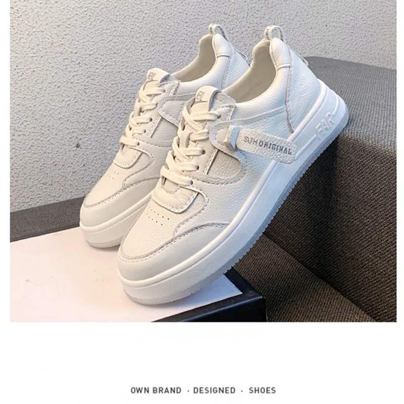 Korean Style Low-top PU Leather Women's White Shoes School-style Lace-up Ladies Vulcanized Shoes Outdoor Leisure Flat Sneakers