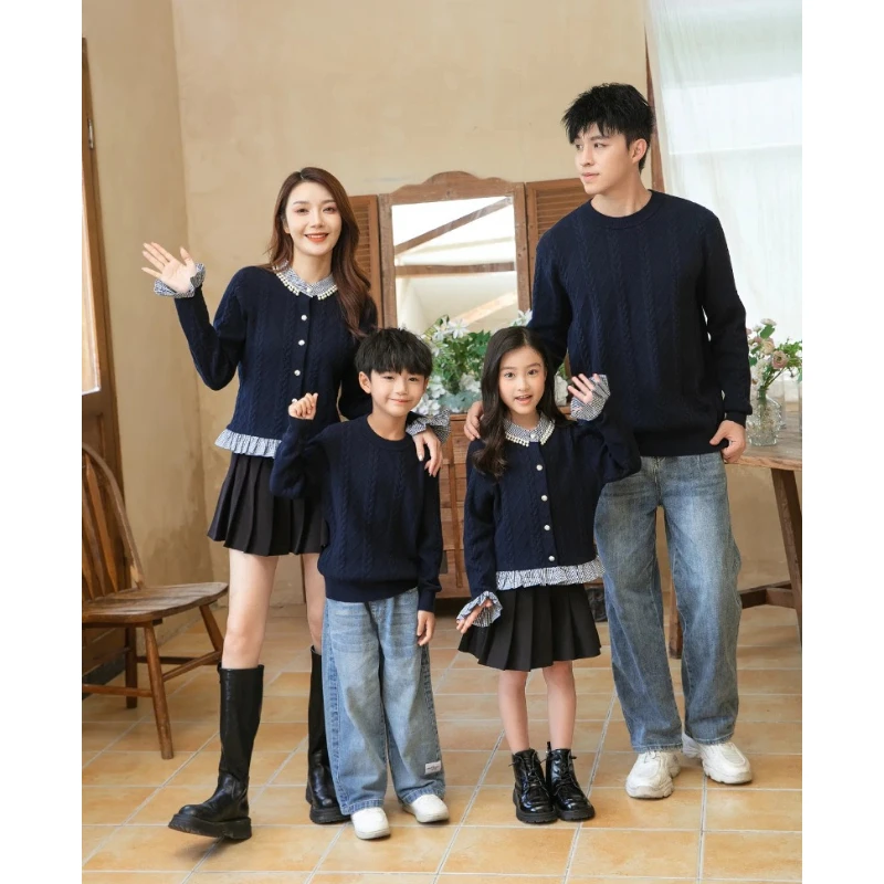 Family Matching Knit Sweater Blue Mom Daughter Lace Trim Cardigan Dad Son Pullover Couple Outfit Korean Parent Child Clothes