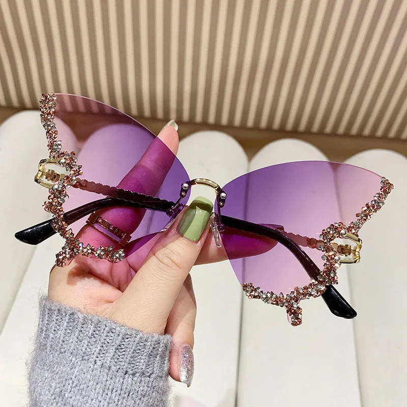 New Arrival Butterfly Shape Diamond Rimless Sunglasses Women's Fashion Personality Exaggerated Sunglasses Internet Celebrant Bro