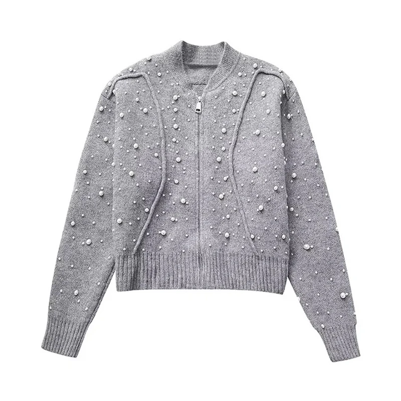 ZHUISHU Women Fashion With Faux Pearl Grey Front Zipper Bomber Jackets Vintage O-Neck Long Sleeves Female Chic Lady Outfits