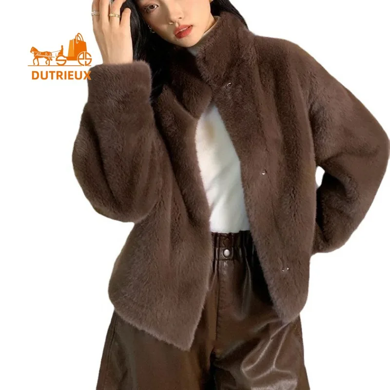 New Winter Genuine Fur Women's High-quality Mink Coat Simple Light Luxury Stand-up Collar Short Loose Warm Jacket Work Clothes