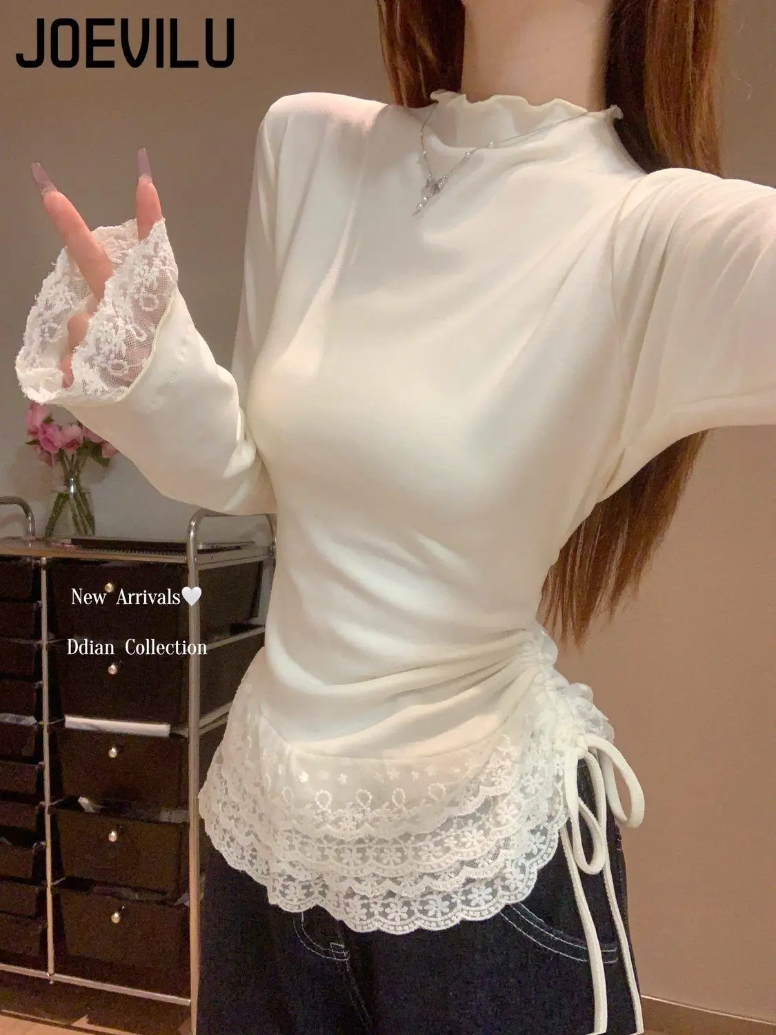 Lace Half Turtleneck Brushed T-shirt Women's Lace Drawstring Waist Cinching Tops Spring and Autumn Lining Slimming Base Shirts