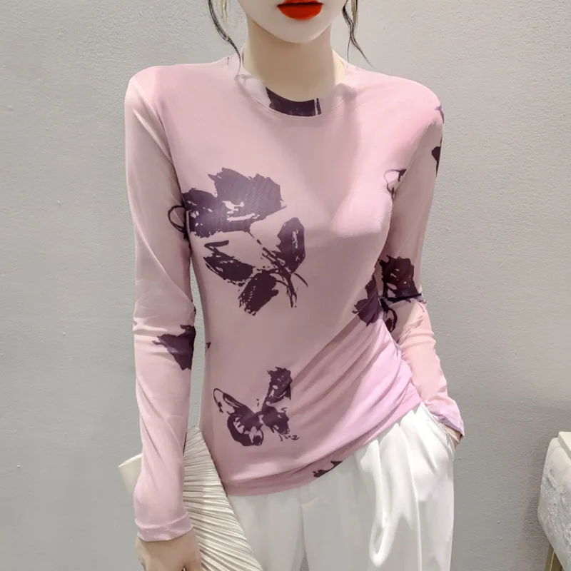 #8686 Pink Printed Mesh T Shirt Women Round Neck Tight Tshirt Female Long Sleeve Office Retro Streetwear T-shirt Korean Fashion