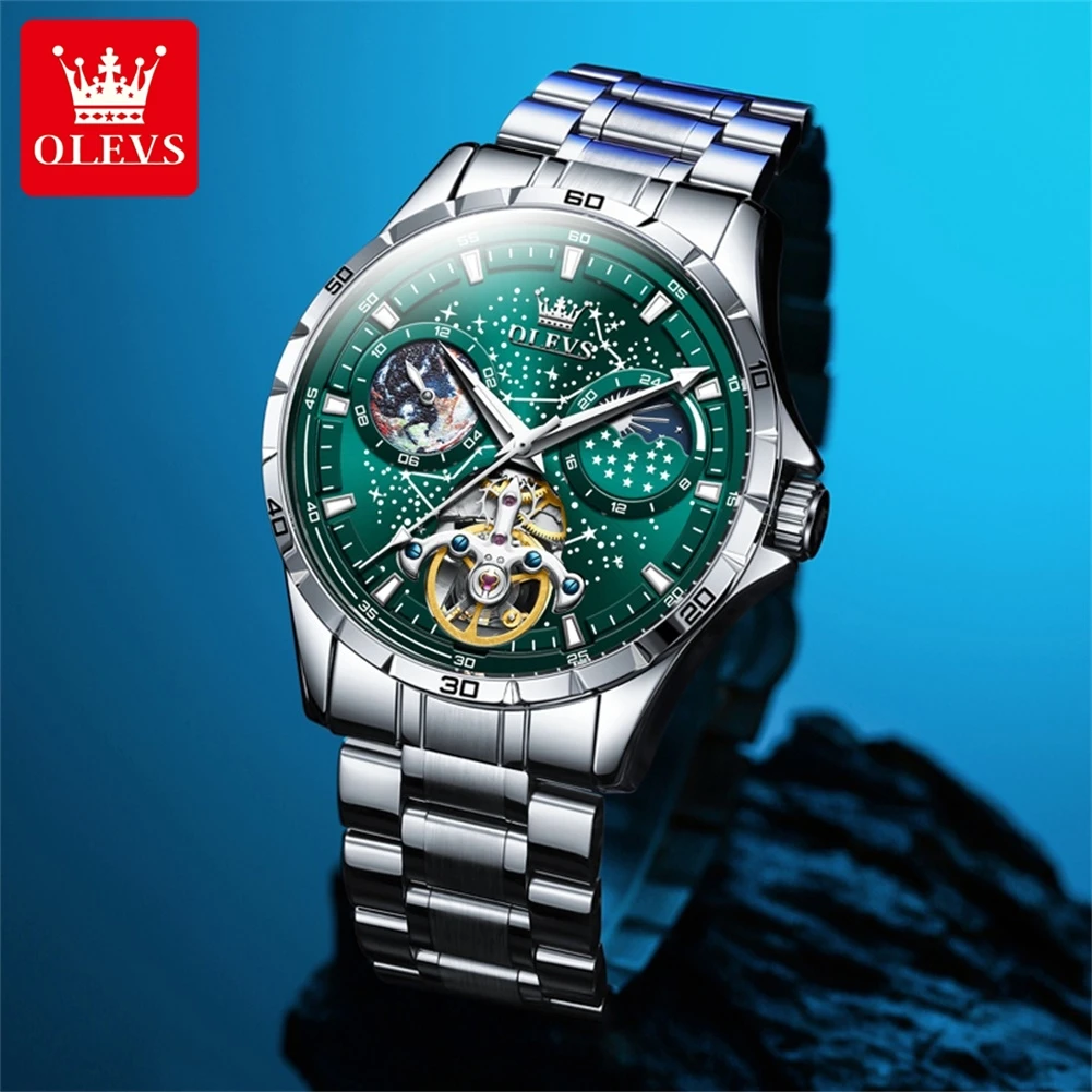 OLEVS 6689 Mens Watch Original Brand Waterproof Multifunctional Luminous Fully Automatic Mechanical Watch Moon Phase Starry Disk