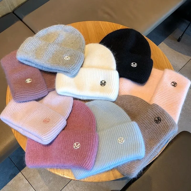 Women Hat Winter Warm Fashion Letter M Rabbit Knitted Hat Bonnet Streetwear Korean Skullies Beanies for Women Winter Hat