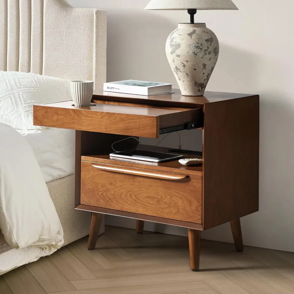 

Nightstand with Charging Station, Mid-Century Modern Night Stand with Pull-Out Shelf, Hidden Storage Bedside Tables,
